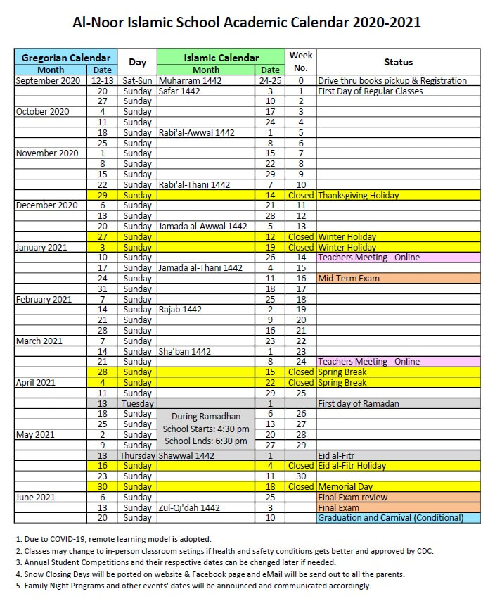 ualbany academic calendar fall 2021 One Page Academic Calendar Al Noor Islamic School ualbany academic calendar fall 2021